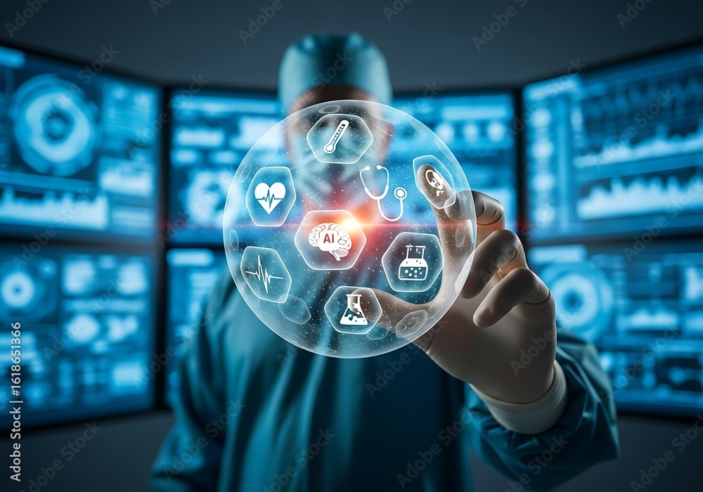 Fototapeta premium Doctor interacting with futuristic medical technology interface