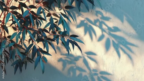 Green leaves casting intricate shadows on a textured wall, illuminated by soft sunlight, creating a serene and tranquil atmosphere in a natural setting