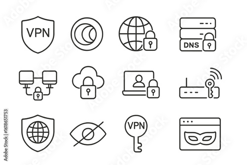 Secure internet connection icons featuring vpn, dns, and cloud lock symbols