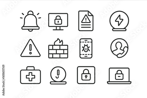 Cybersecurity icons set featuring alerts, locks, and firewalls on gray background
