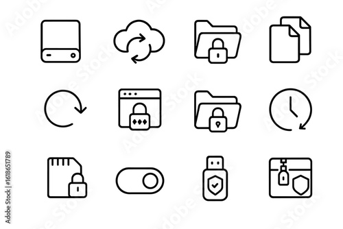 Data security icons: files, folders, cloud, lock, usb, backup symbols