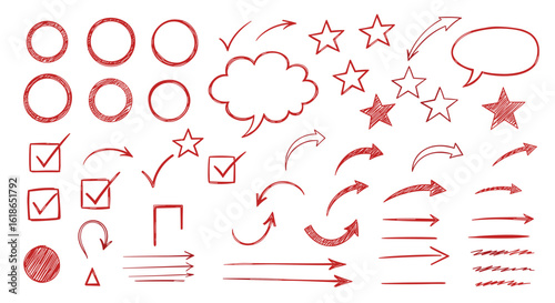 Collection of vintage hand drawn grunge elements including circles checkmarks stars arrows and speech bubbles in red
