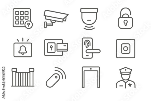 Modern security system icons: camera, lock, alarm, access control