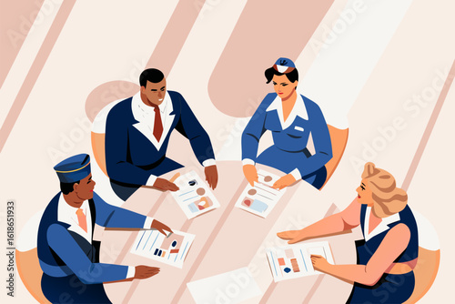Zespół pilotów i stewardess na spotkaniu w stylu retro. Załoga lotnicza planuje podróż, analizując dokumenty.