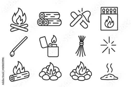 Campfire and fire tools icons: logs, matches, lighter, flames on grey background