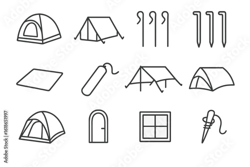 Camping gear icons set: tents, stakes, and tools