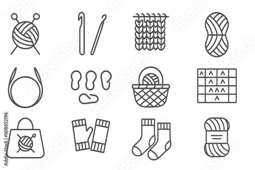 Knitting icons set with yarn, needles, patterns, and accessories