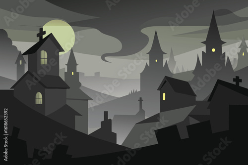  a spooky haunted village at night under a full moon, with gothic architecture, fog, and eerie lights creating a mysterious and frightening atmosphere vector illustration