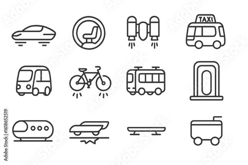 Futuristic transportation icons featuring cars, bicycles, and buses