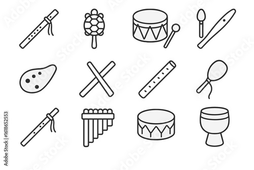 Black and white musical instruments icon set on gradient background