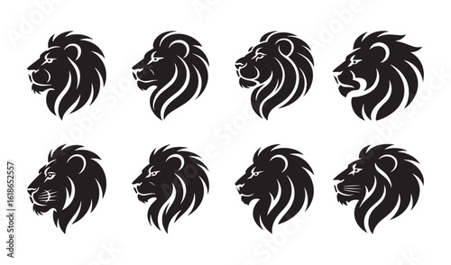 Eight Stylized Black Lion Head Silhouettes Facing Left profile mane