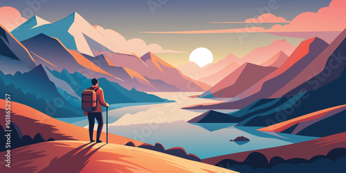 Hiker standing on a mountain overlooking majestic landscape at sunset vector illustration