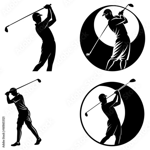 Four black and white golf silhouettes showing different poses of a golfer swinging a club with precision