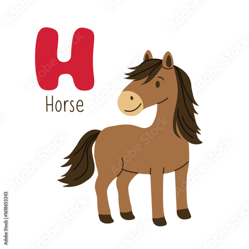 Cute cartoon illustration of a horse with the letter H, ideal for kids' alphabet learning, educational posters, and nursery decor