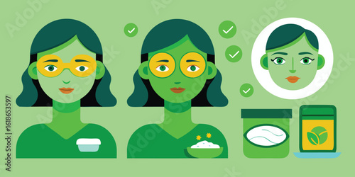 Women applying skincare treatment illustration in flat geometric style with facial mask and products