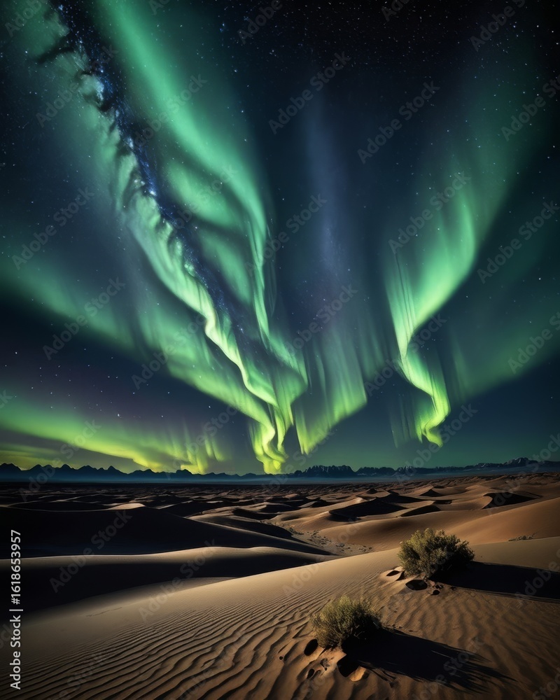 Naklejka premium Paisaje de montañas y desierto con aurora boreal