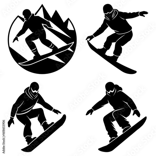Silhouette illustration showcasing snowboarders in action against a mountain backdrop in various poses