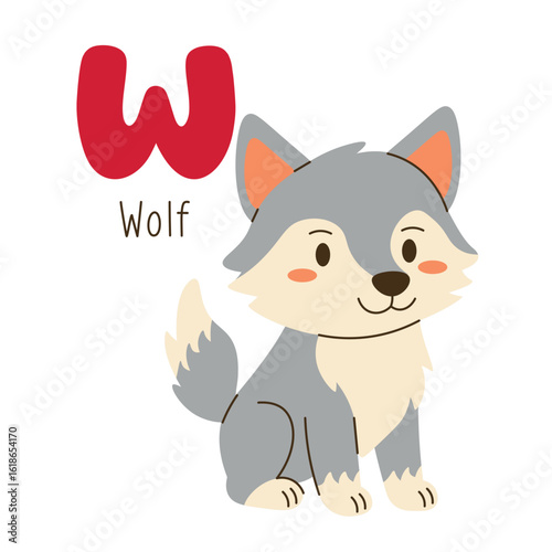Cute cartoon illustration of a wolf with the letter W, ideal for kids' alphabet learning, educational posters, and nursery decor
