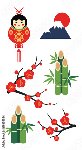 Traditional japanese new year decorations featuring lucky symbols and festive imagery