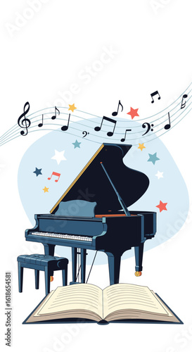 Grand piano musical notes and stars adorning an open book celebrating the joy of music