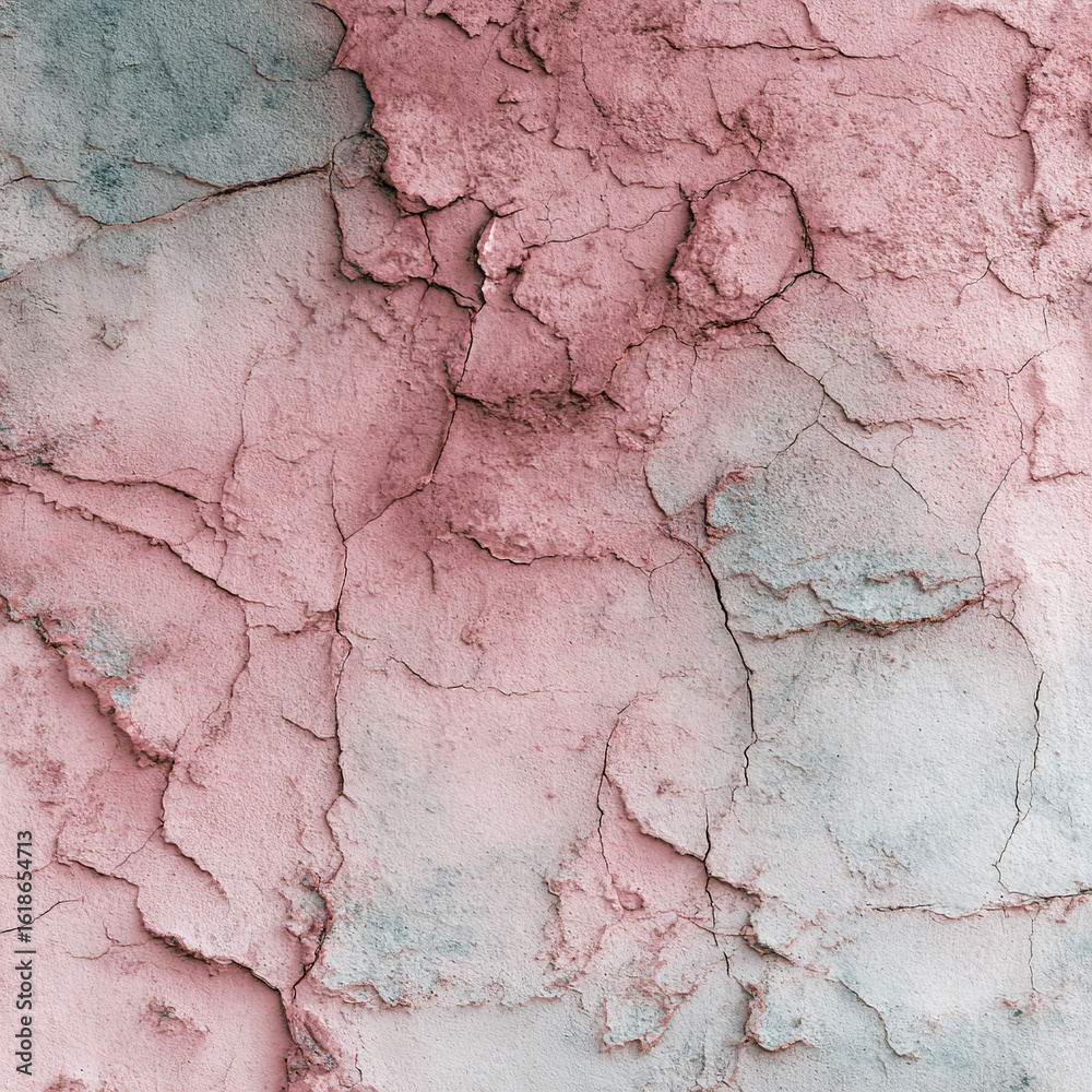Naklejka premium Weathered concrete wall displaying intricate cracking pattern, blending soft pink and grey tones, creating textured surface with vintage grunge aesthetic