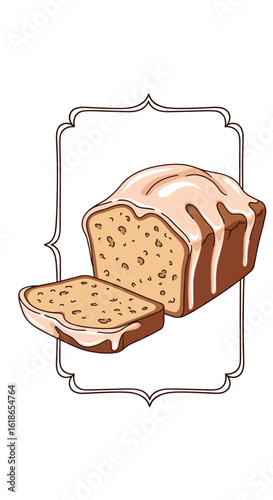 Artistic illustration of a freshly baked loaf cake with a glaze topping and a slice cut ready to enjoy