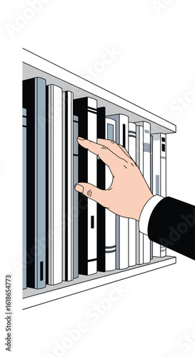 A hand reaches into a row of books on a shelf selecting one for study or research