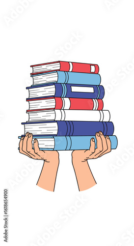 A pair of hands gently supporting a tall stack of colorful books representing knowledge and learning