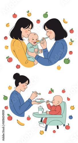 Parents feeding babies delicious healthy food supporting early childhood nutrition development