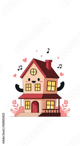 A cheerful cartoon house with arms and legs dancing happily with hearts and musical notes floating around