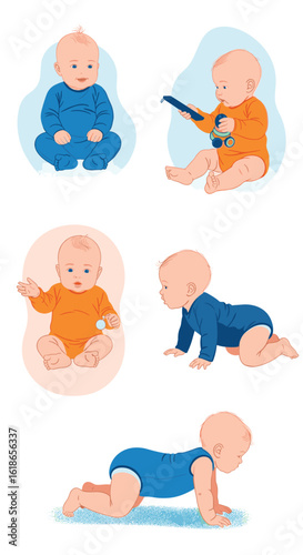 Tracking a young child's development through various stages of sitting crawling and playing with toys