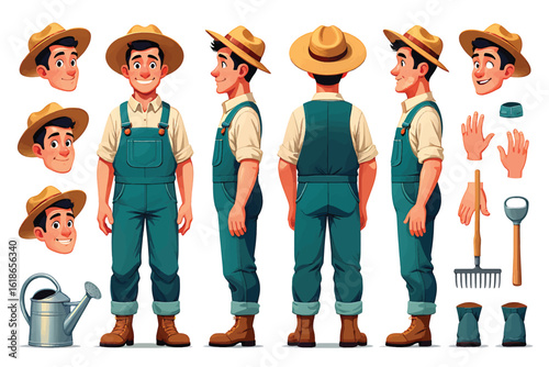 Farmer character turnaround sheet with expressions and farming tools.