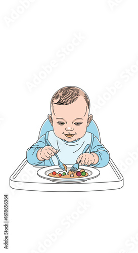 A happy baby engaged in self feeding with utensils at a table with a bib