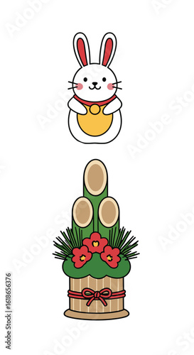 Adorable cartoon rabbit holding a golden coin next to a festive kadomatsu decoration for new year celebrations