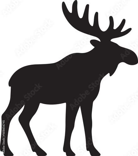 Black silhouette of a male moose with large antlers standing on a white background animal wildlife