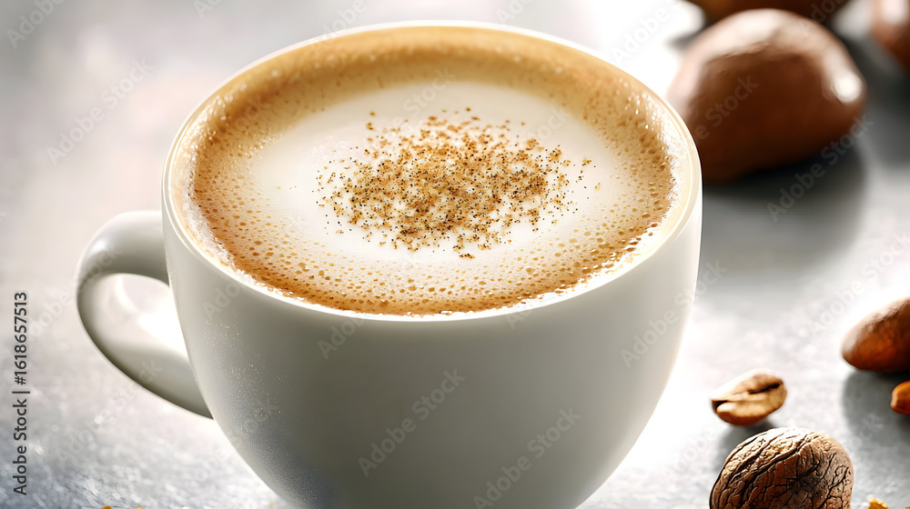 Fototapeta premium Creamy Cappuccino In White Cup On Metal Surface
