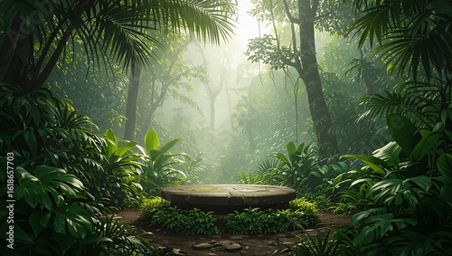 Fototapeta Naklejka Na Ścianę i Meble -  Mystical ancient stone altar nestled within a vibrant, sun-drenched jungle clearing