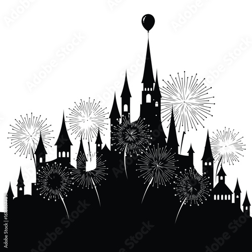 Vector illustration of a black silhouette of a fairytale castle with fireworks exploding in the night sky, isolated on white background