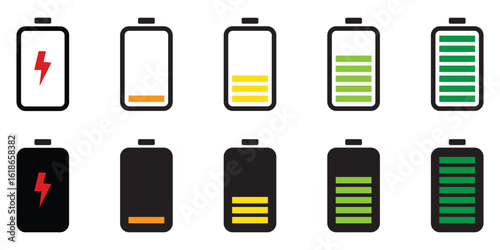 Battery icons set. Battery charging indicator icon in white background. Fully charged and discharged battery in 0 to 100 % level icon. Power low up status batteries logo. Vector illustration. 