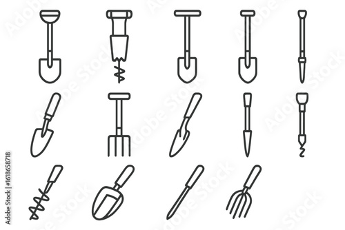 Minimalist black gardening tools on gray background