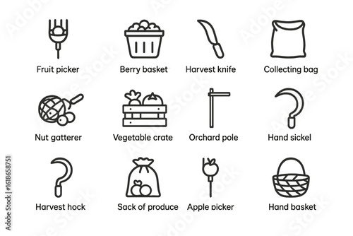 Agricultural tools icons: harvest knife, berry basket, nut gatherer, orchard pole