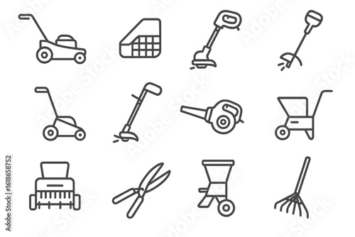 Garden tools icons set: lawnmower, trimmer, spreader, rake on dark background