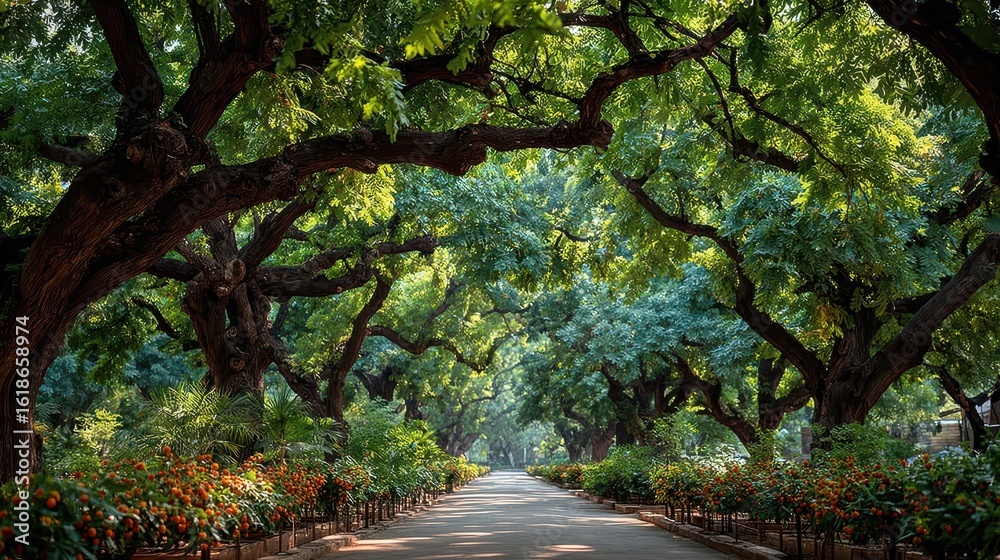 Naklejka premium Tree Lined Road: Green Canopy and Flowers