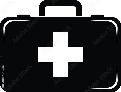 A black and white graphic of a first aid kit with a handle and a white cross in the center front side