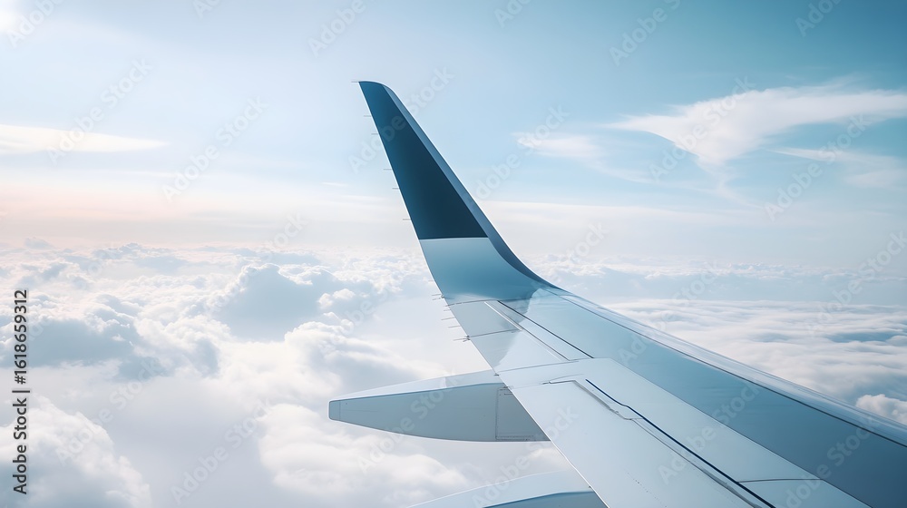 Fototapeta premium Airplane Wing Above Cloudscape Soft Blue White Sky