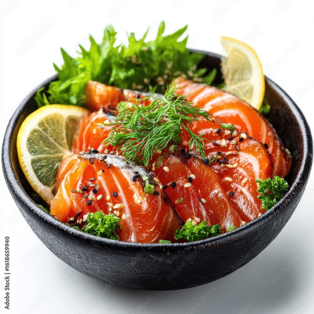 Fresh Salmon Sashimi Bowl with Lemon and Herbs on White Background Fresh Salmon Sashimi Bowl with Lemon and Herbs on White Background