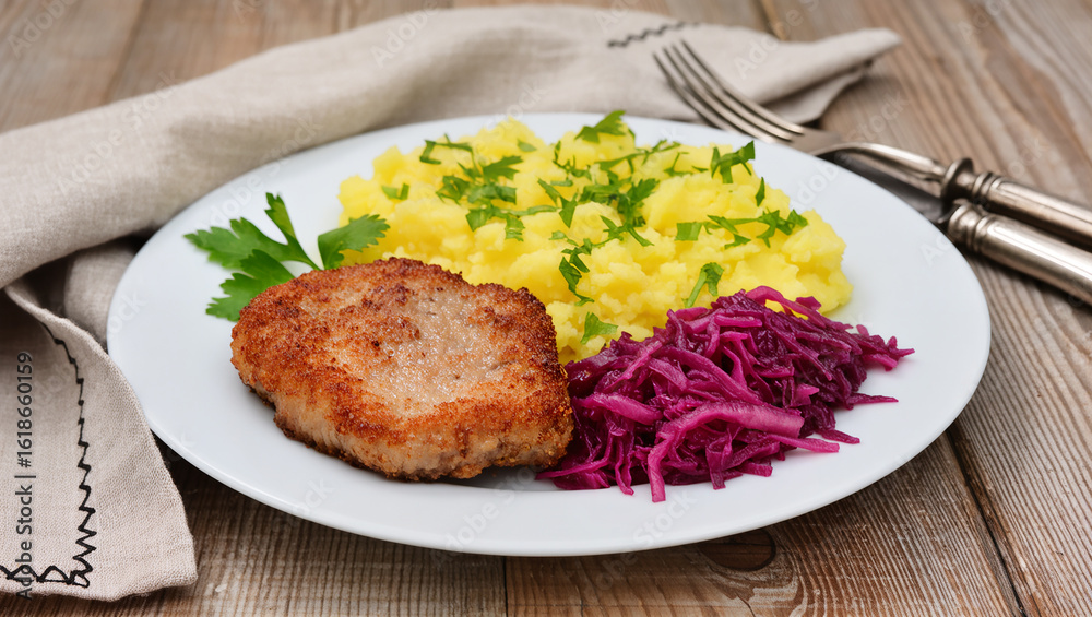 Crispy pork cutlet with mashed potatoes and red cabbage salad Crispy pork cutlet with mashed potatoes and red cabbage salad
