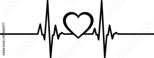 A black and white illustration of a heartbeat line with a heart shape in the middle of the line