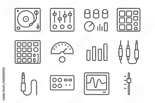 Dj equipment icons: turntable, mixer, knobs, pads, cables, interface