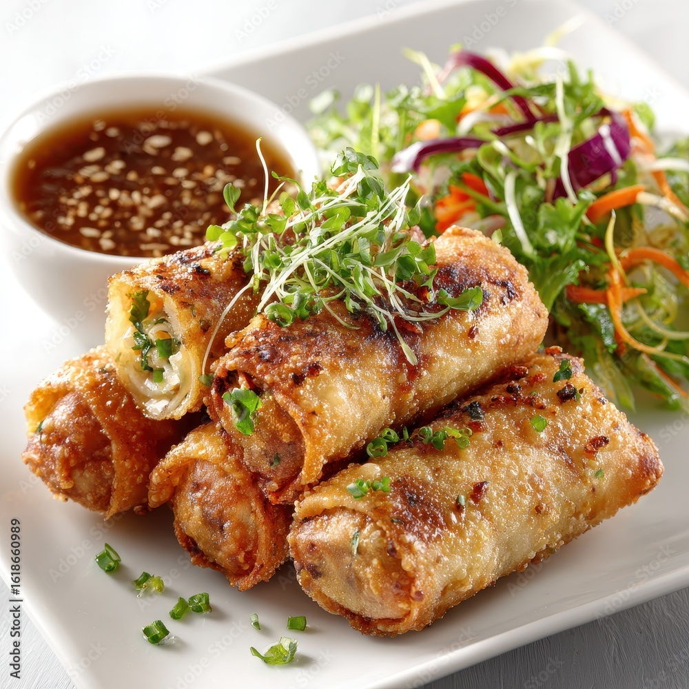 Crispy Spring Rolls with Dipping Sauce and Salad on White Plate Crispy Spring Rolls with Dipping Sauce and Salad on White Plate